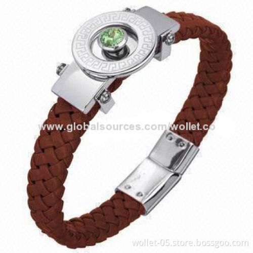 European Trend Design Brown Leather Bangle, Made of Stainless Steel and CZ Stone
